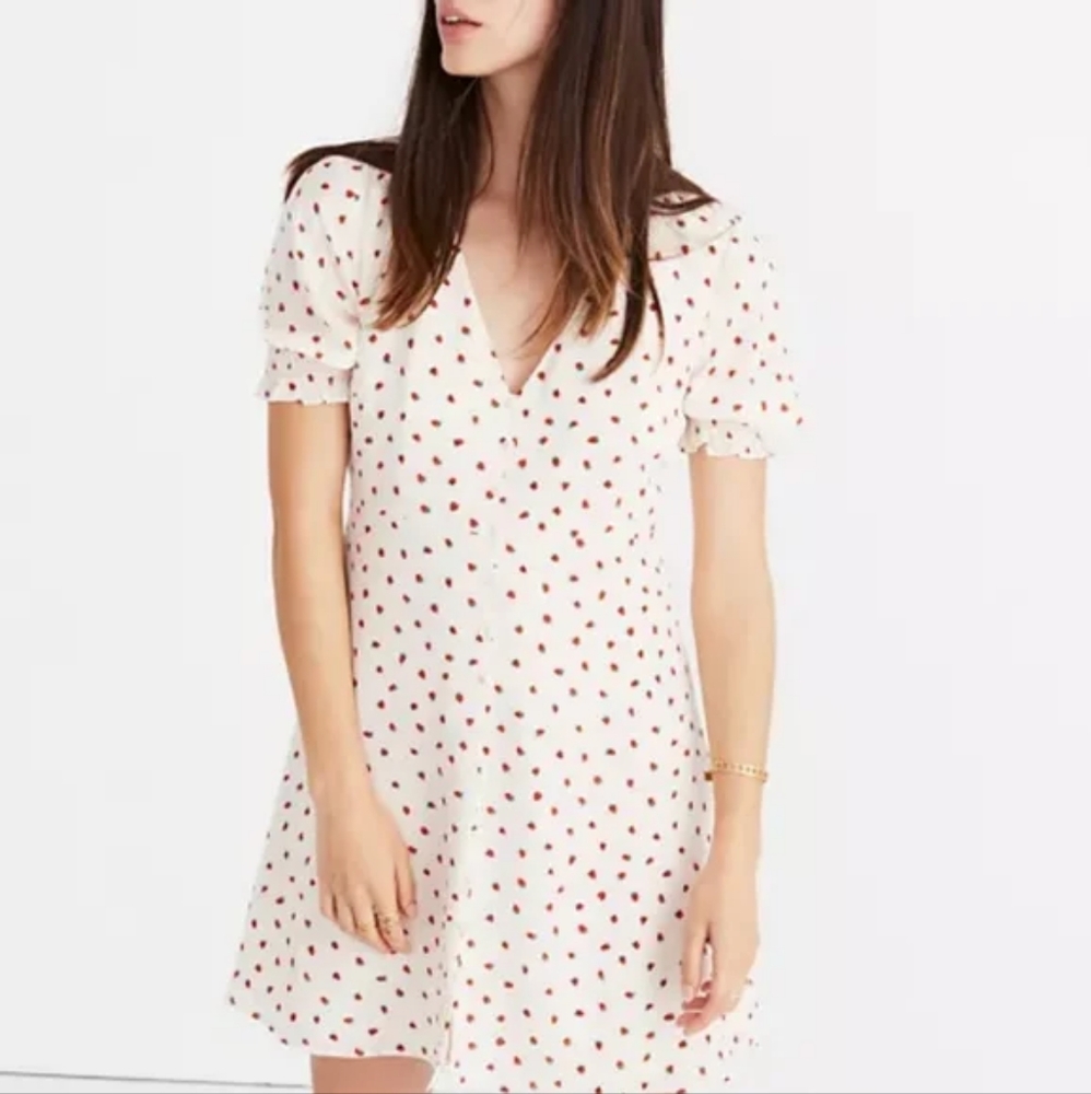 Madewell Women's Silk Clover Button Front Strawberry Print Lined Dress Sz 0
